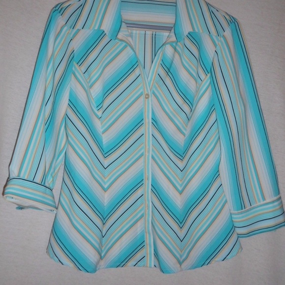Tailor by B. Moss Size M Teal Striped Blouse top - Picture 2 of 7